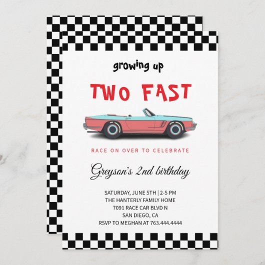 "Two Fast! Race Car 2de verjaardagsfeest uitnodigi Kaart (Voorkant / Achterkant)