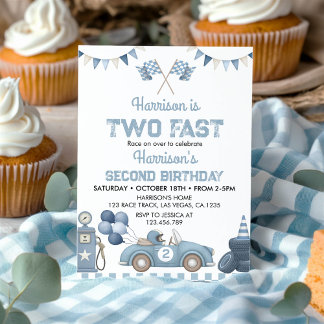 Two Fast Race Car Blue Boy Birthday Party Kaart
