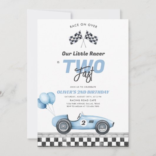 Two Fast Race Car Boy 2nd Birthday Invitation Kaart (Voorkant)
