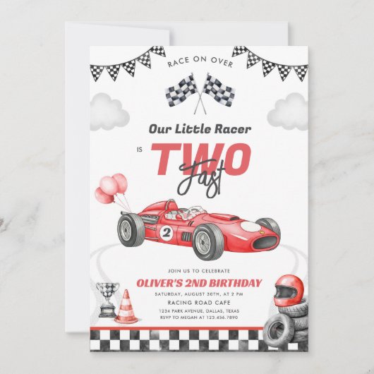 Two Fast Race Car Boy 2nd Birthday Invitation Kaart (Voorkant)
