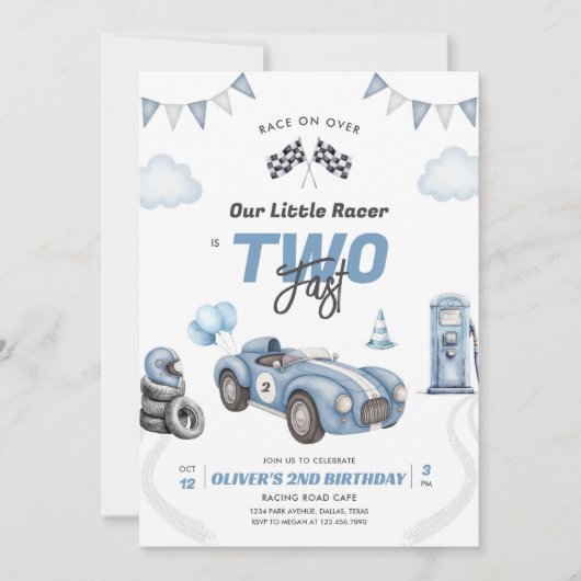 Two Fast Race Car Boy 2nd Birthday Invitation Kaart (Voorkant)