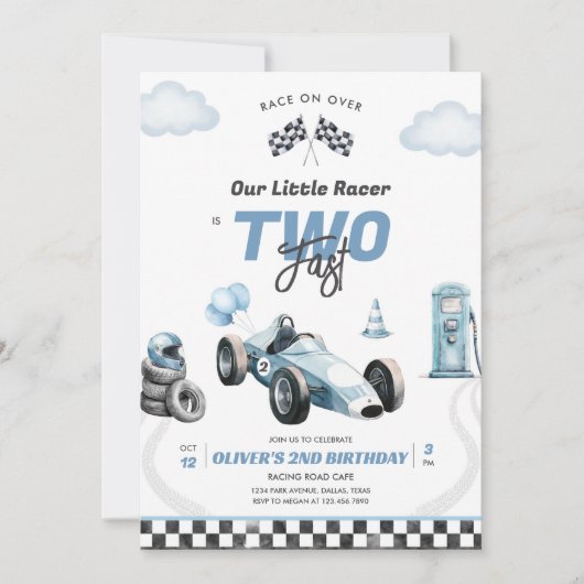 Two Fast Race Car Boy 2nd Birthday Invitation Kaart (Voorkant)