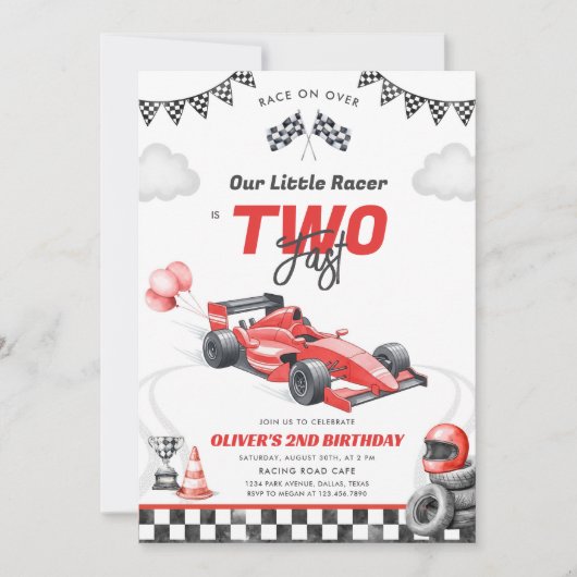 Two Fast Race Car Boy 2nd Birthday Invitation Kaart (Voorkant)