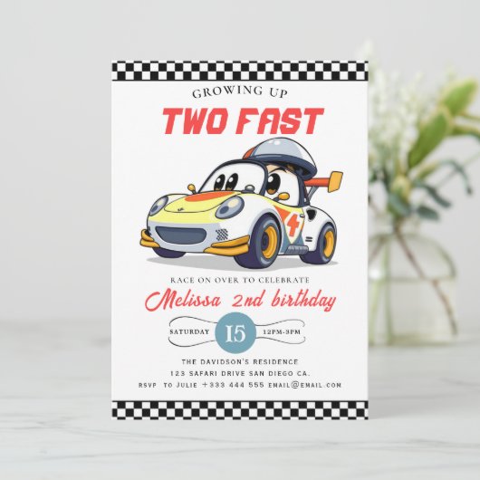 Two Fast Race Car Boy 2nd Birthday Party Invitatio Kaart (Staand voorkant)