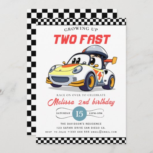 Two Fast Race Car Boy 2nd Birthday Party Invitatio Kaart (Voorkant / Achterkant)