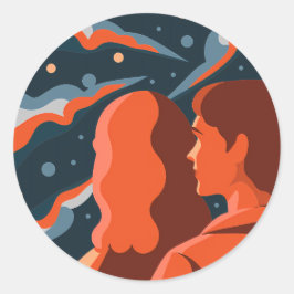 Two Figures Contemplating an Abstract Cosmic Scene Ronde Sticker