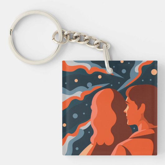 Two Figures Contemplating an Abstract Cosmic Scene Sleutelhanger (voorkant)