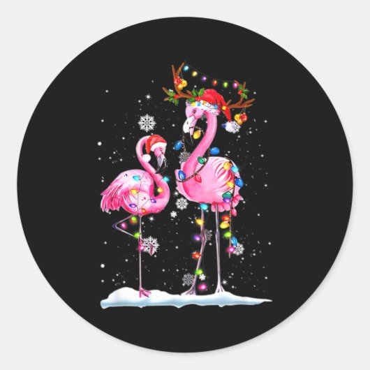 Two Flamingo With Santa Hat And Lights Merry Chris Ronde Sticker (Voorkant)
