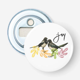"Two for Joy" Magpies met kleurrijke bloemen Button Flesopener