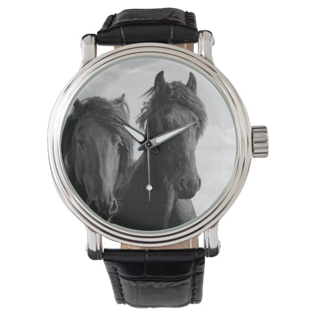 Two Friesian stallions. Horloge (Voorkant)