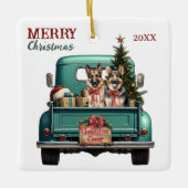 Two German Shepherd Dogs Retro Truck Christmas Keramisch Ornament (Voorkant)