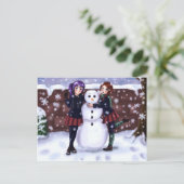 Two Girls and a Snowman Feestdagenkaart (Staand voorkant)