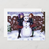 Two Girls and a Snowman Feestdagenkaart (Voorkant / Achterkant)