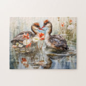 Two grebes among white pond plants legpuzzel (Horizontaal)