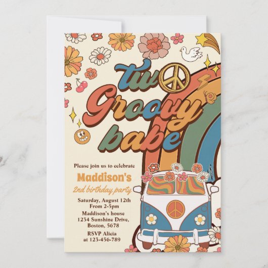 Two Groovy Babe Retro Rainbow 2nd Birthday Party Kaart (Voorkant)