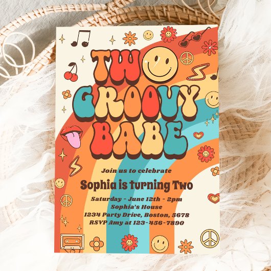 Two Groovy Babe Retro Rainbow 2nd Birthday Party Kaart