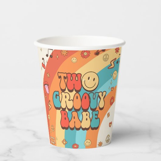 Two Groovy Babe Retro Rainbow 2nd Birthday Party Papieren Bekers (Voorkant)
