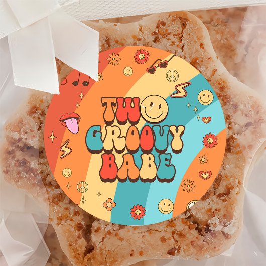 Two Groovy Babe Retro Rainbow 2nd Birthday Party Ronde Sticker