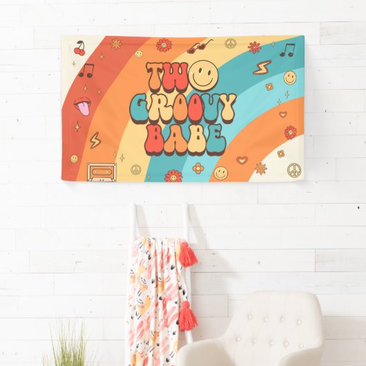 Two Groovy Babe Retro Rainbow 2nd Birthday Party Spandoek (Insitu)