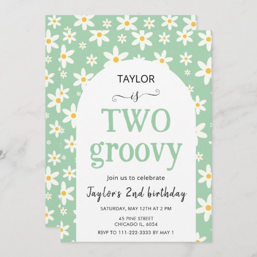 TWO groovy Mint Green Daisy 2nd Birthday Kaart (Voorkant / Achterkant)
