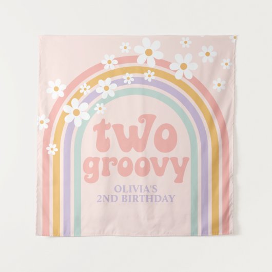 TWO Groovy Pastel regenboog 2de verjaardag Banner Wandkleed (Voorkant)