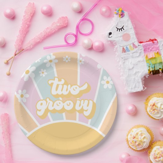 Two Groovy pastel Retro Sunshine daisy boho Papieren Bordje (Feest)