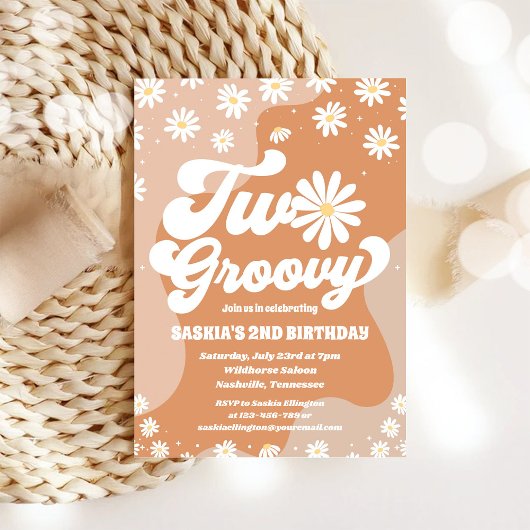Two Groovy Retro Daisy 2nd Birthday Invitation Kaart