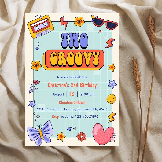 Two Groovy Retro Hippie 2nd Birthday Party Kaart