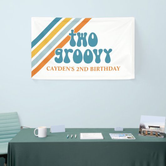 TWO Groovy Retro Stripes Boy verjaardagstanner Spandoek (Beurs)