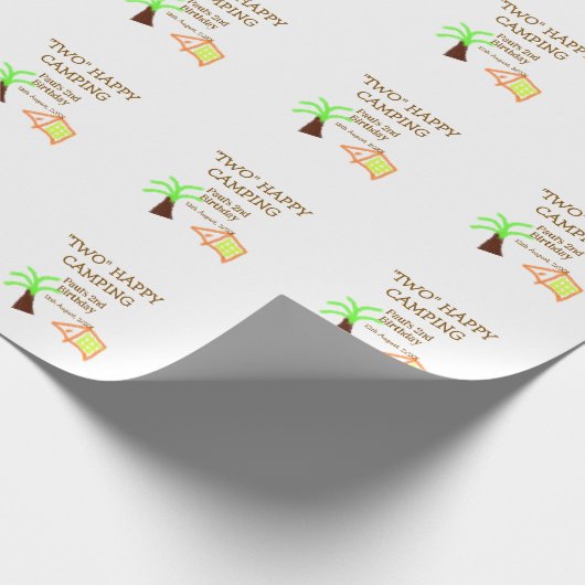 Two happy camping 2nd birthday tree camp kids cadeaupapier (Hoek)
