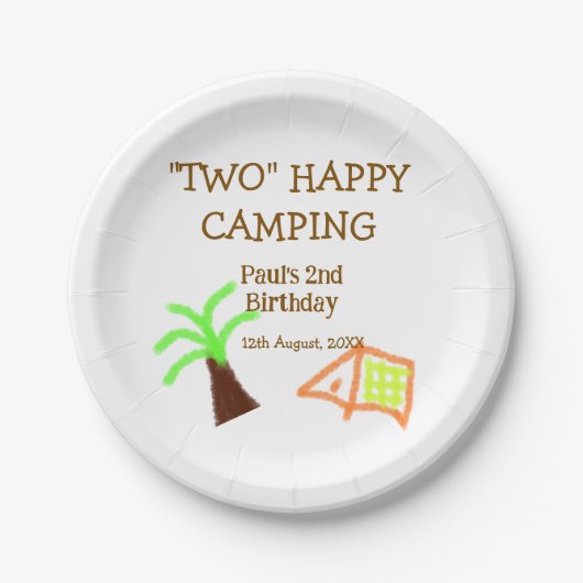 Two happy camping 2nd birthday tree camp kids papieren bordje (Voorkant)