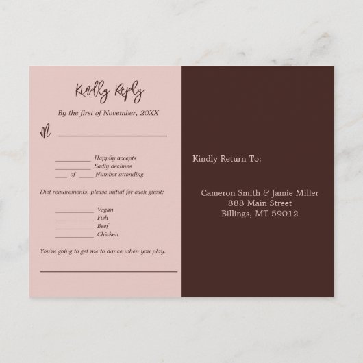 Two Hearts Bruiloft Menu Muziek Keuze RSVP-kaart (Achterkant)