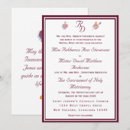 Two Hearts Burgundy Catholic Wedding Invitation Kaart