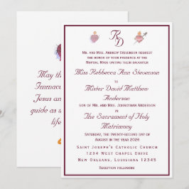 Two Hearts Burgundy Catholic Wedding Invitation Kaart
