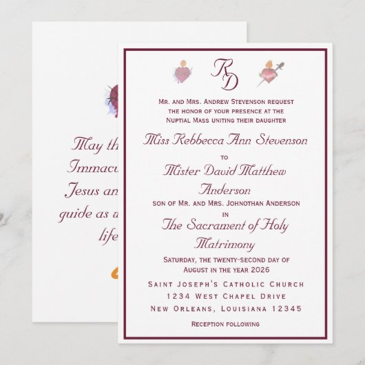 Two Hearts Burgundy Catholic Wedding Invitation Kaart (Voorkant / Achterkant)
