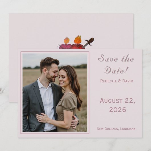 Two Hearts Catholic Flat Save The Date Card (Voorkant / Achterkant)