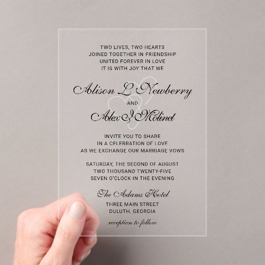 Two Hearts Elegant Script Wedding Invitation Acryl Uitnodigingen (Insitu (Draagbaar))