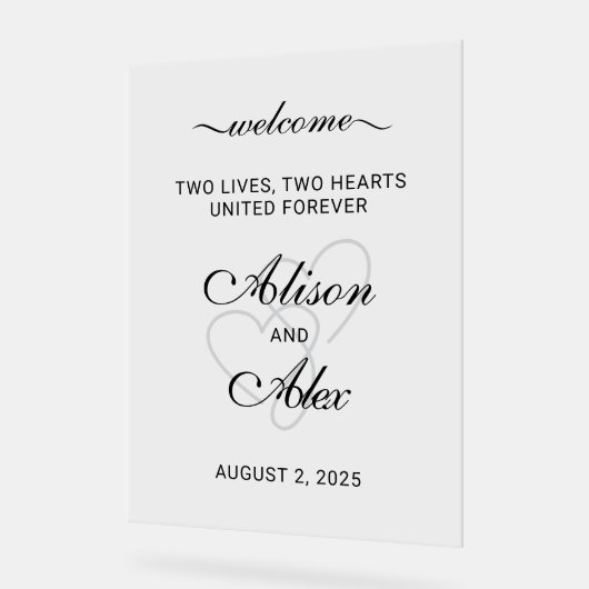 Two Hearts Elegant Script Wedding Welkom Teken Acryl Bord (Hoek)