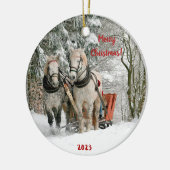 Two Horses and Sleigh in the Snow Ceramic Ornament (Links)