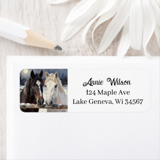 Two Horses on a Snowy Farm | Personalized Etiket (Insitu)