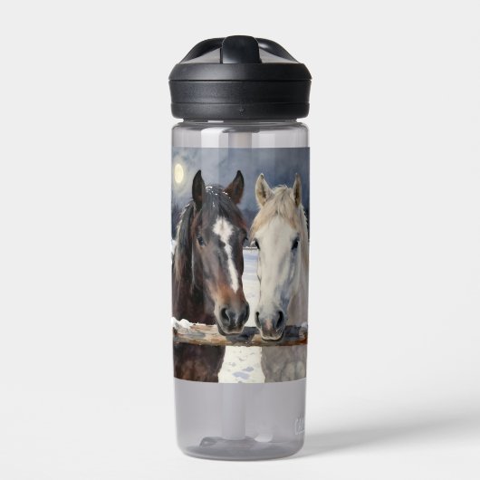 Two Horses on a Snowy Farm | Personalized Waterfles (Voorkant)