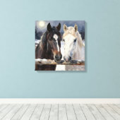 Two Horses on a Snowy Farm Under the Moon Canvas Afdruk (Insitu (Houten vloer))