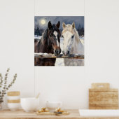 Two Horses on a Snowy Farm Under the Moon Poster (Keuken)