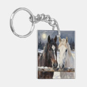 Two Horses on a Snowy Farm Under the Moon Sleutelhanger (Voorkant Links)