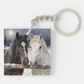 Two Horses on a Snowy Farm Under the Moon Sleutelhanger (Achterkant)