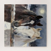 Two Horses on a Snowy Farm under the Moonlight  Legpuzzel (Horizontaal)
