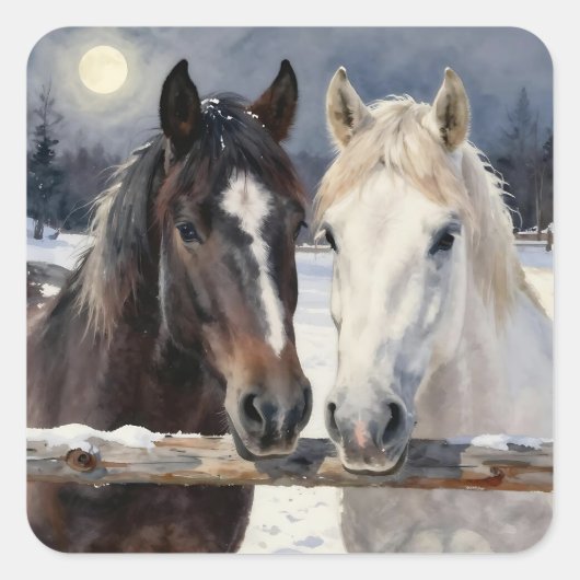 Two Horses on a Snowy Farm under the Moonlight  Vierkante Sticker (Voorkant)