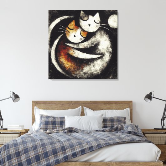  Two Hugging Cats Canvas Print – Chagall-Inspired  (Insitu (Slaapkamer))