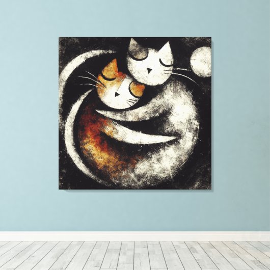  Two Hugging Cats Canvas Print – Chagall-Inspired  (Insitu (Houten vloer))