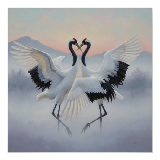 Two Japanese cranes in a graceful dance Perfect Poster (Voorkant)
